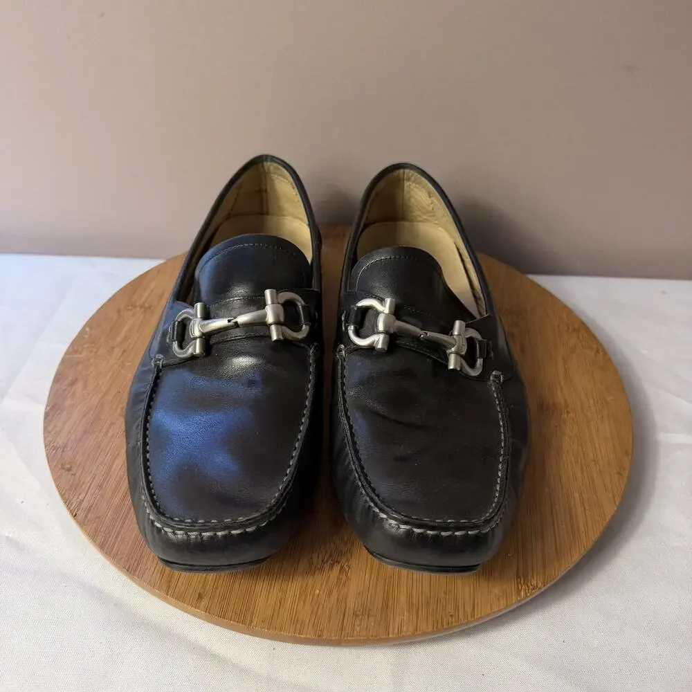 Preowned SALVATORE FERRAGAMO PARIGI Black Calf Leather Men Loafers Size 10 2E